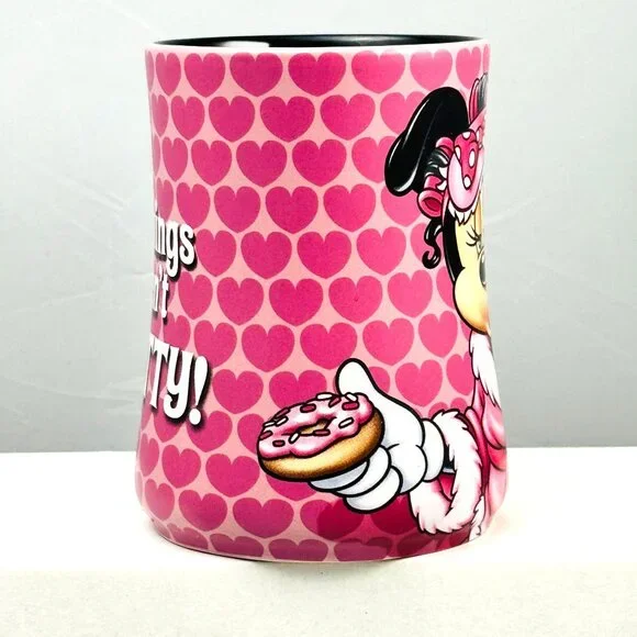 Disney Parks Minnie Mouse Ceramic Mug 16 Oz Pink Black Heart Print - Picture 2 of 6